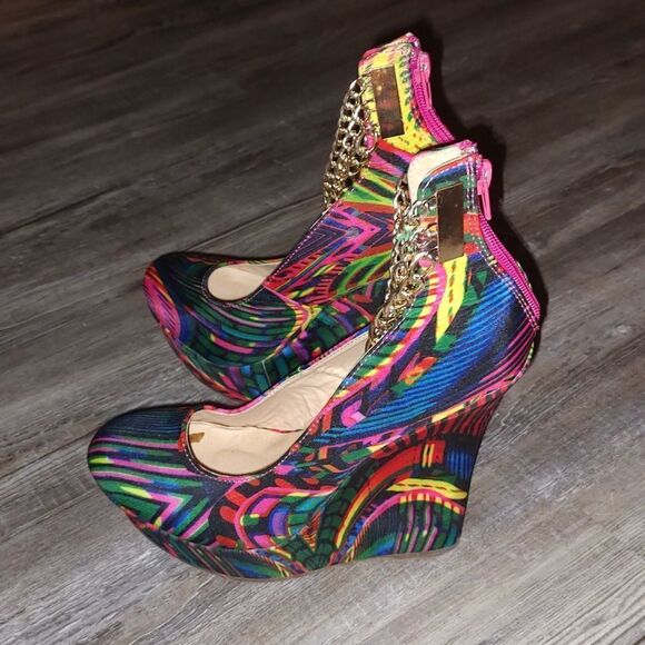 Jubilee multicolor platform wedges chain ankle  straps  Sz 9 - Picture 3 of 8